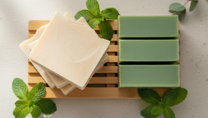 BumZap soaps on a wooden soap dish with mint plants surrounding them