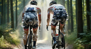 Cyclists biking through an outdoor shower with soap on their butts