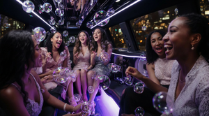 women in a party limousine laughing as bubbles float in the air