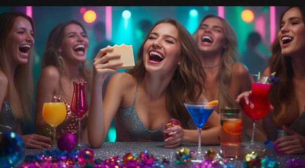 gleeful giggling bachelorette party goers with the bride to be holding bumzap