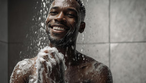 Black man smiling in the shower with soap on his skin