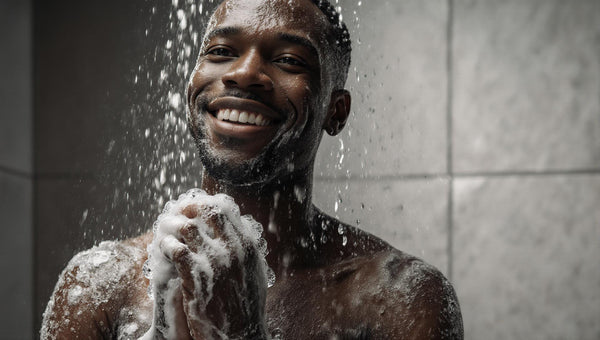 Black man smiling in the shower with soap on his skin