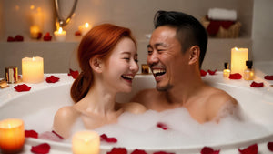 Asian red-headed woman and man in brightly lit bubble bath laughing together