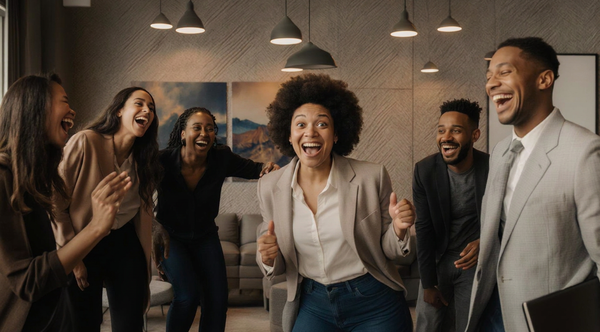 Coworkers gleefully surprised and laughing