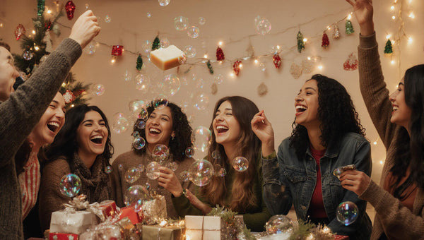 People at a holiday party laughing over gifts with BumZap soap front and center