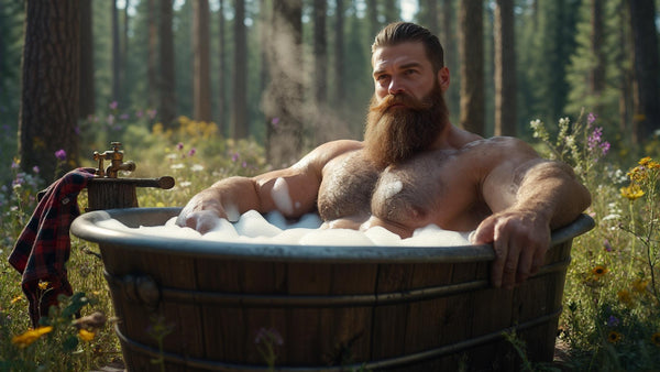 muscular man with a long beard in a bathtub outside in a forest with wildflowers