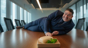 Smiling man in a suit laying on a conference with BumZap soap in front of him