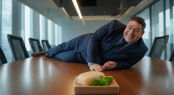 Smiling man in a suit laying on a conference with BumZap soap in front of him