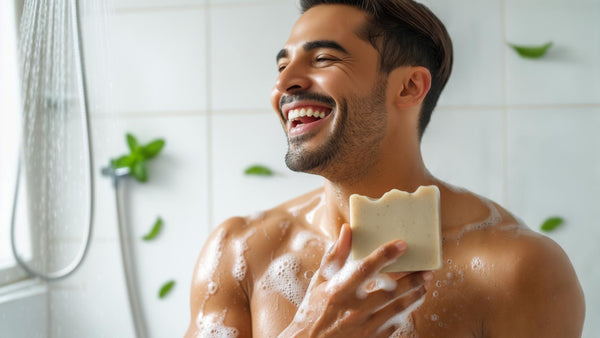 man laughing in the shower with BumZap soap