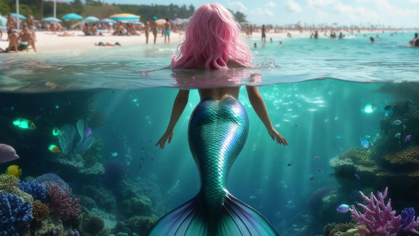 mermaid in the ocean watching humans on the beach