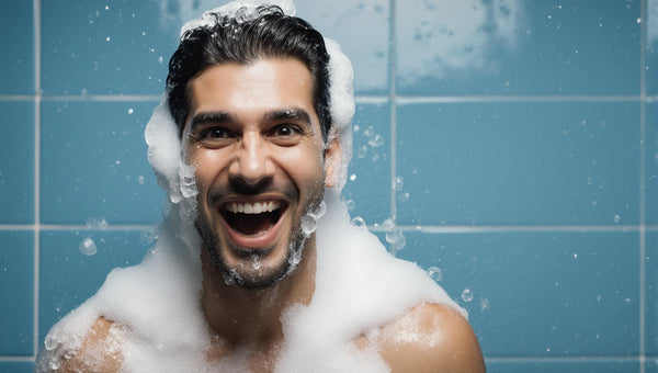 smiling man in a shower with blue tiles as the background. he is covered in BumZap soap bubbles