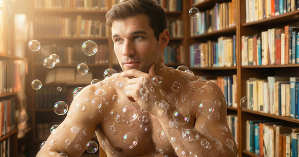 good looking shirtless man in the library contemplating with soapy bubbles on his skin