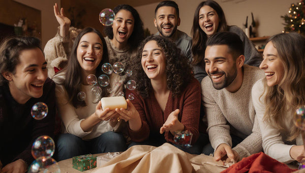 white elephant party attendees laugh over BumZap