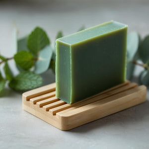 BumZap Mellow Zing soap on a wooden soap dish with green leaves in the backgrounding