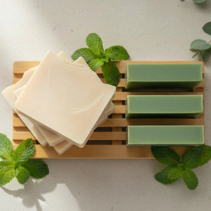 Three bars of BumZap Ultra Zing soap and three bars of BumZap Mellow Zing soap on a wooden soap dish with green leaves around.