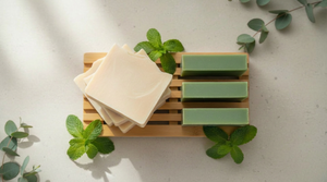 Three bars of BumZap Ultra Zing soap and three bars of BumZap Mellow Zing soap on a wooden soap dish with green leaves around.