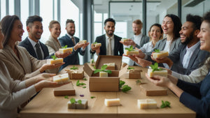 Group of people in a meeting room holding small gift boxes with BumZap soap.