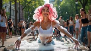 girl in fountain covered with soapy bubbles while people on the street watch with happiness